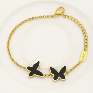 Black-Enamel-Butterfly-Charm-18K-Gold-Plated-Bracelet