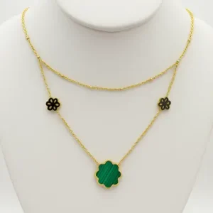 Layered-Floral-Charm-Necklace-with-Green-Enamel-–-18K-Gold-Plated