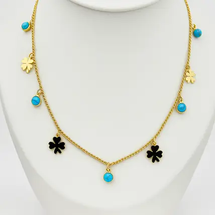 Multi-Charm-Clover-Turquoise-Bead-18K-Gold-Plated-Necklace