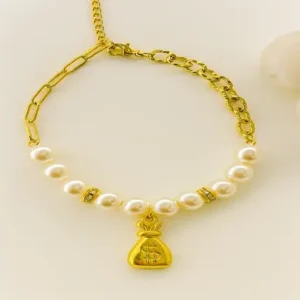 Pearls with $ Bag shape lock 18K Gold Plated Bracelet